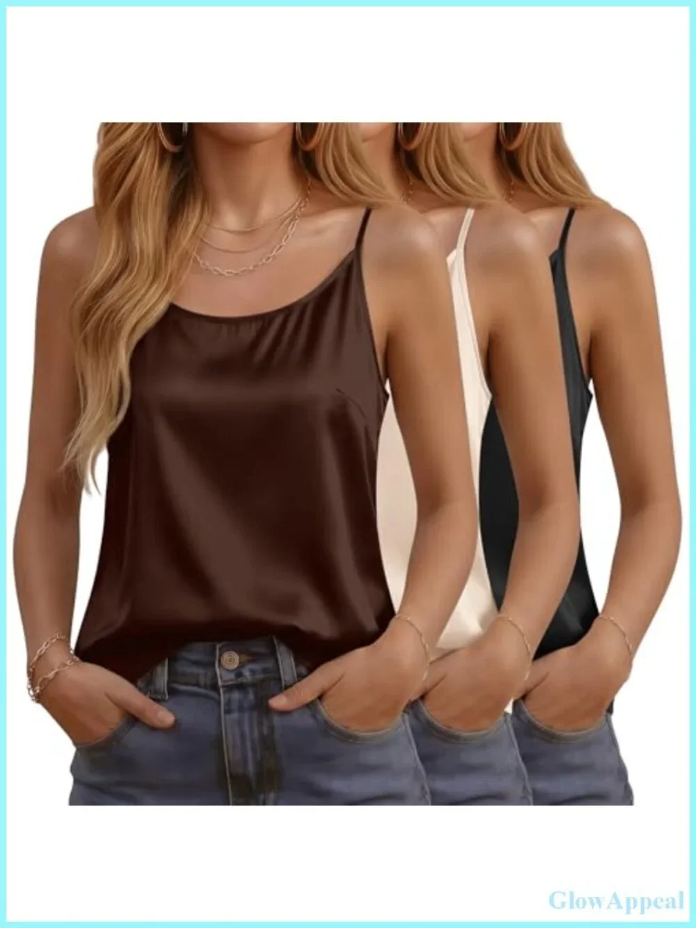 3 Pack Women's Silk Satin Camisole Tops Adjustable Spaghetti Strap Tank Tops